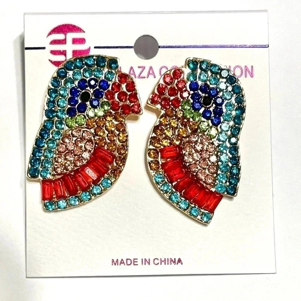Multicolor Rhinestone Parrot Earrings Pierced Earrings 1.5” New